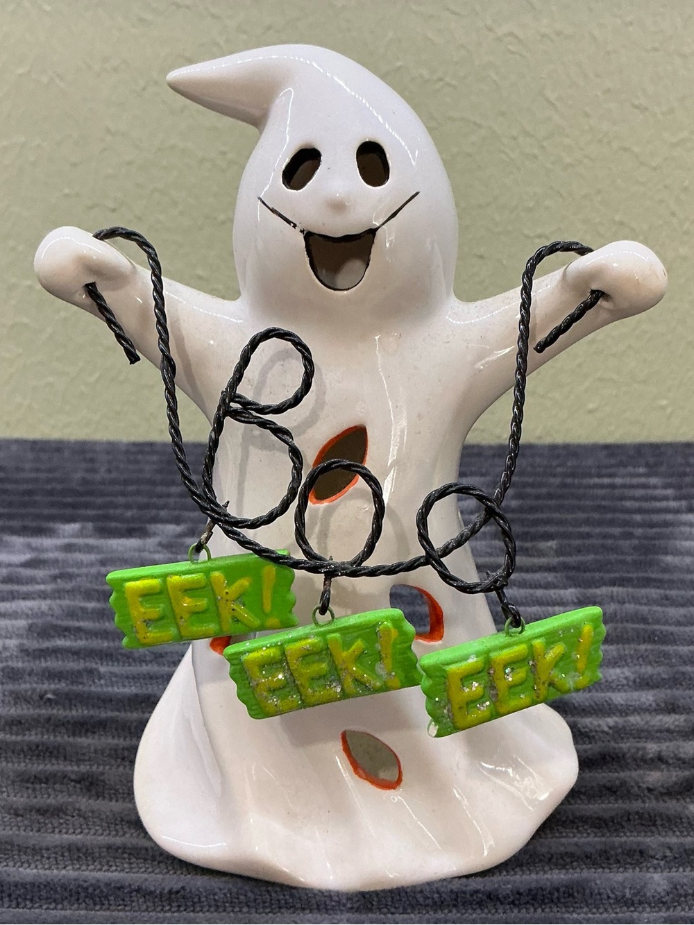 VTG Style Ceramic Ghost Tea Light Candle Holder Boo Ekk Garland Halloween Decor